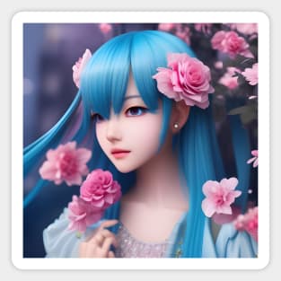 Beaux Animes Art  Manga Anime Girl with blue hair and roses everywhere Design Magnet